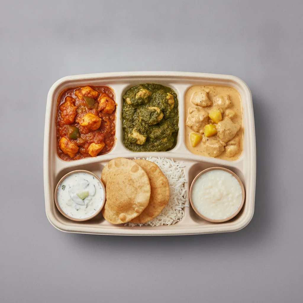 Chicken Thali Box Chicken Jalfrezi, Chicken Saag, Chicken Mango Chicken Thali Box Chicken Jalfrezi, Chicken Saag, Chicken Mango