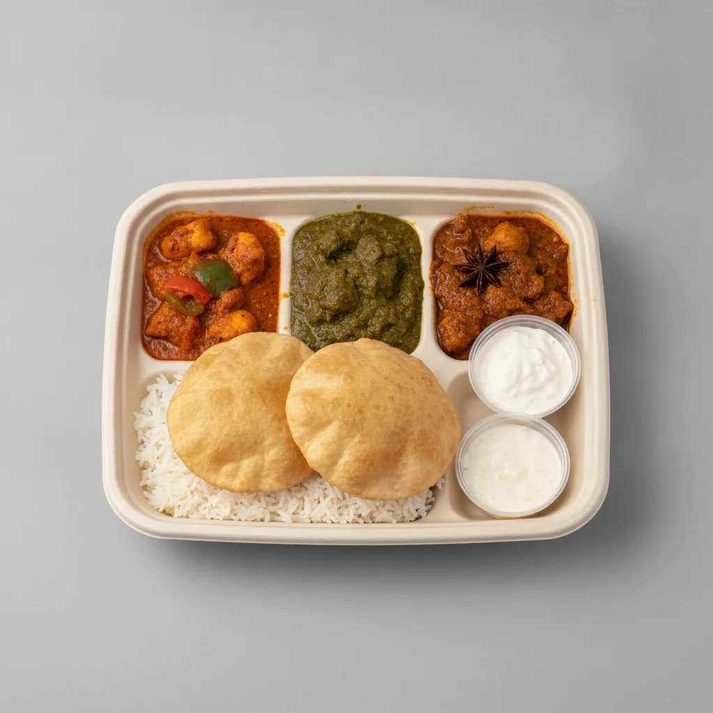 Chicken Thali Box Chicken Jalfrezi, Chicken Saag, Achari Chicken Chicken Thali Box Chicken Jalfrezi, Chicken Saag, Achari Chicken