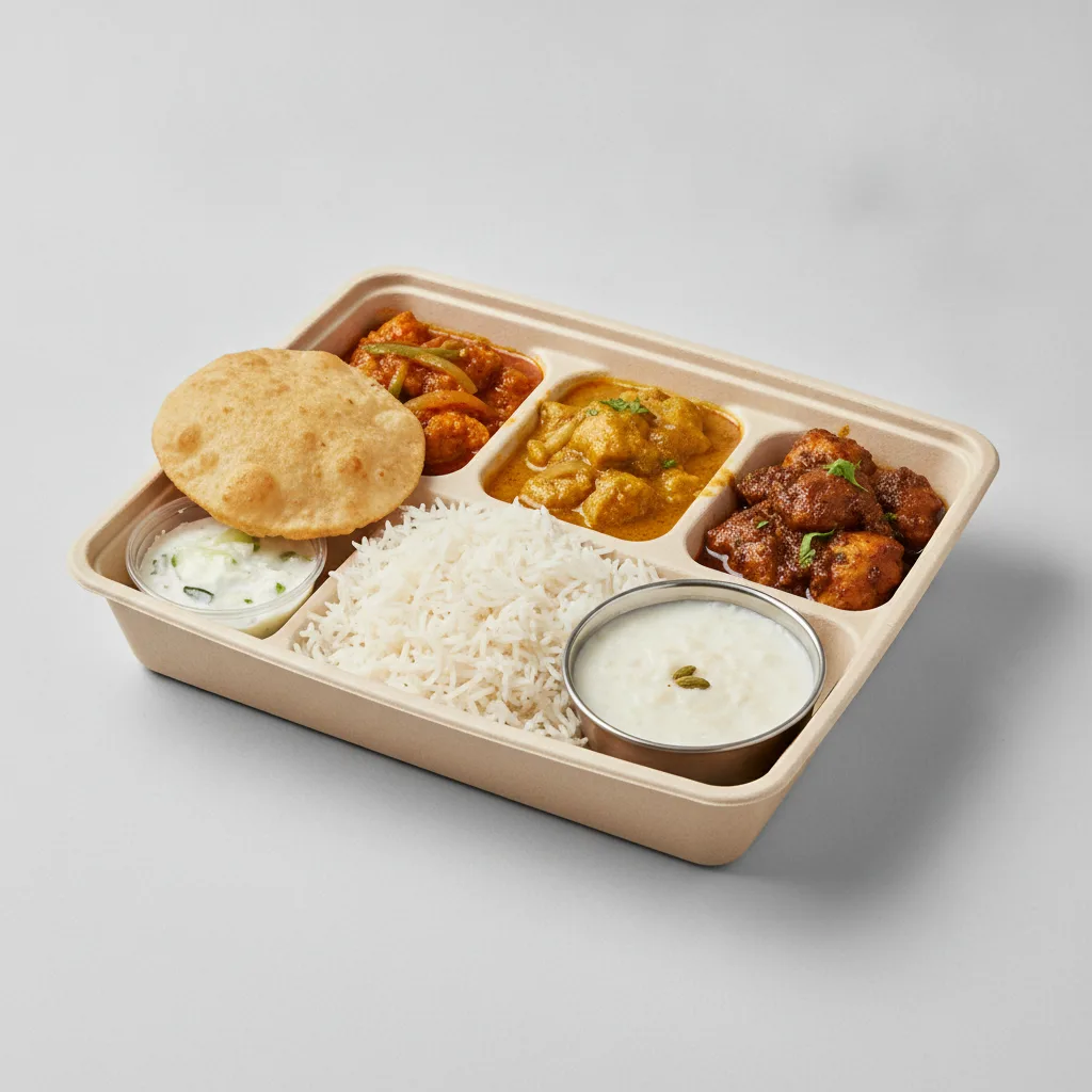 Chicken Thali Box Chicken Jalfrezi, Chicken Mango, Achari Chicken Chicken Thali Box Chicken Jalfrezi, Chicken Mango, Achari Chicken