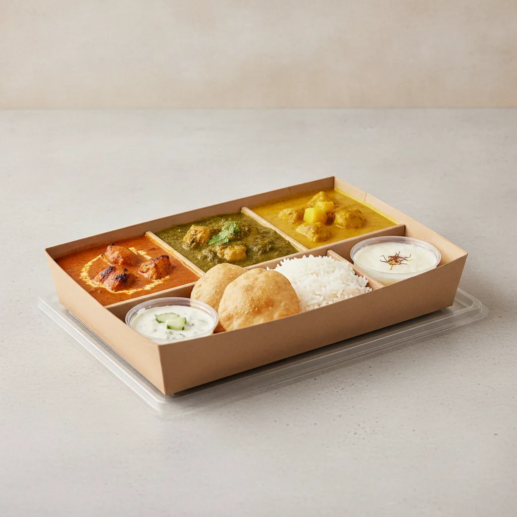 Chicken Thali Box Butter Chicken, Chicken Saag, Chicken Mango Chicken Thali Box Butter Chicken, Chicken Saag, Chicken Mango