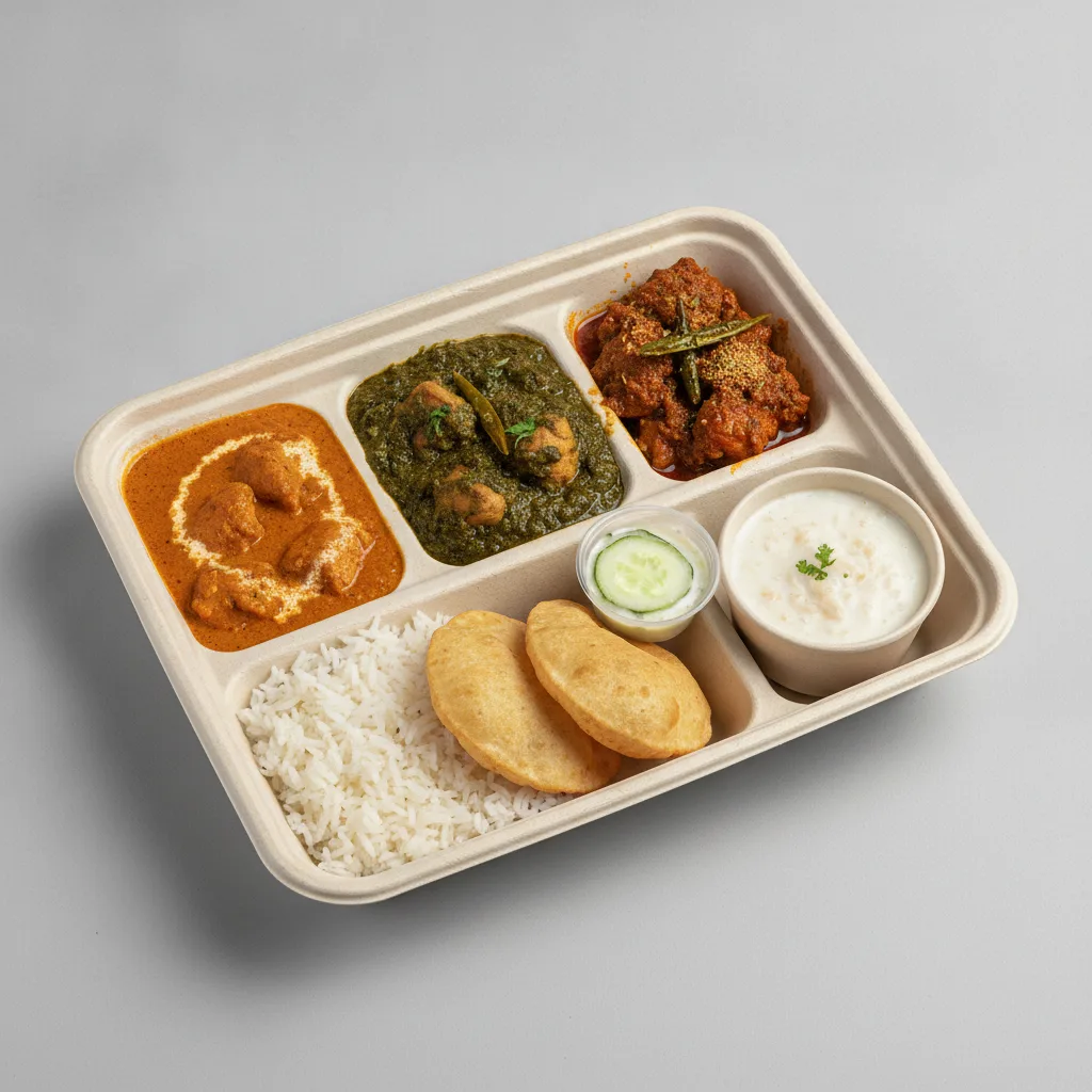 Chicken Thali Box Butter Chicken, Chicken Saag, Achari Chicken Chicken Thali Box Butter Chicken, Chicken Saag, Achari Chicken