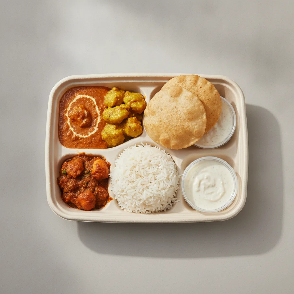 Chicken Thali Box Butter Chicken, Chicken Mango, Achari Chicken Chicken Thali Box Butter Chicken, Chicken Mango, Achari Chicken