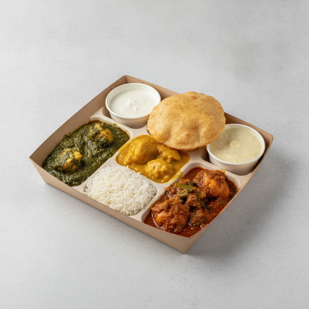 Chicken Thali Box Chicken Saag, Chicken Mango, Achari Chicken Chicken Thali Box Chicken Saag, Chicken Mango, Achari Chicken