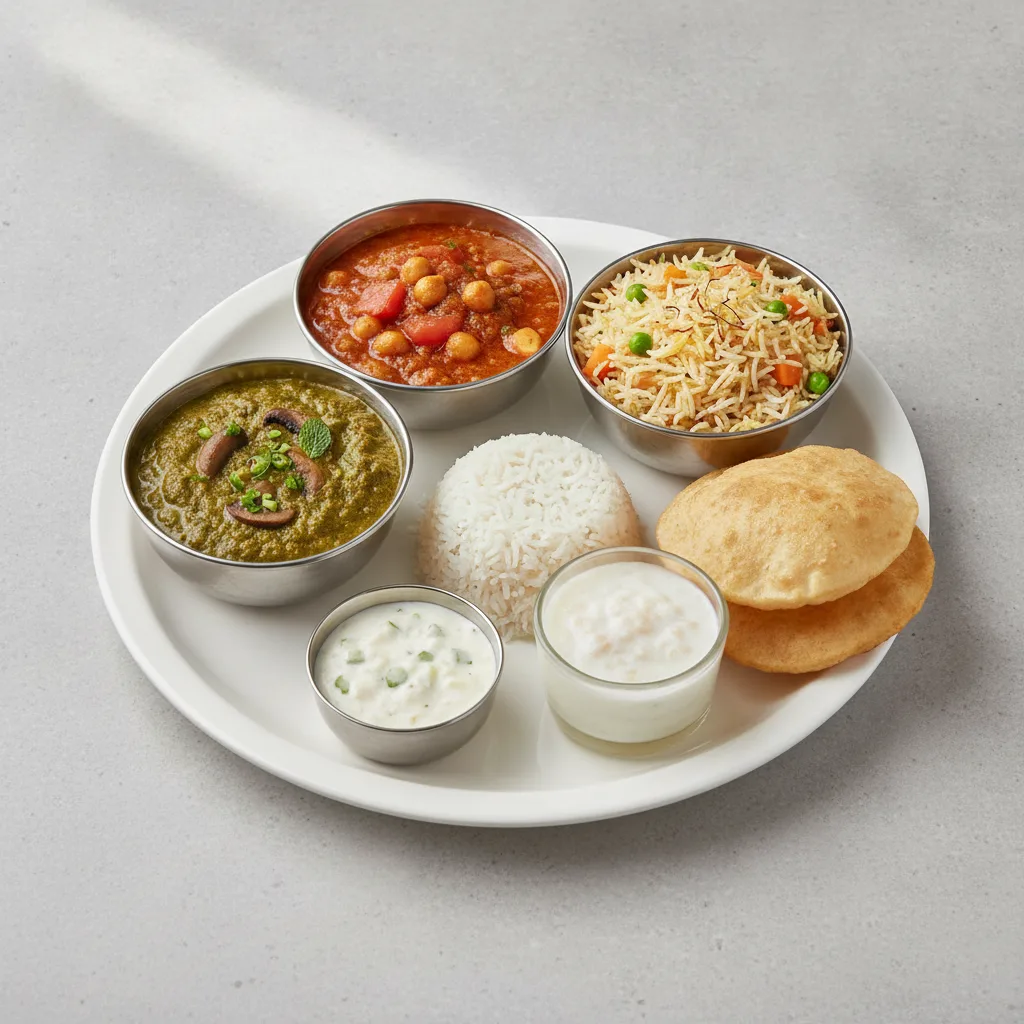 Vegetable Thali - Mushrooms Saag, Chana Masala, Vegetable Biryani Vegetable Thali - Mushrooms Saag, Chana Masala, Vegetable Biryani