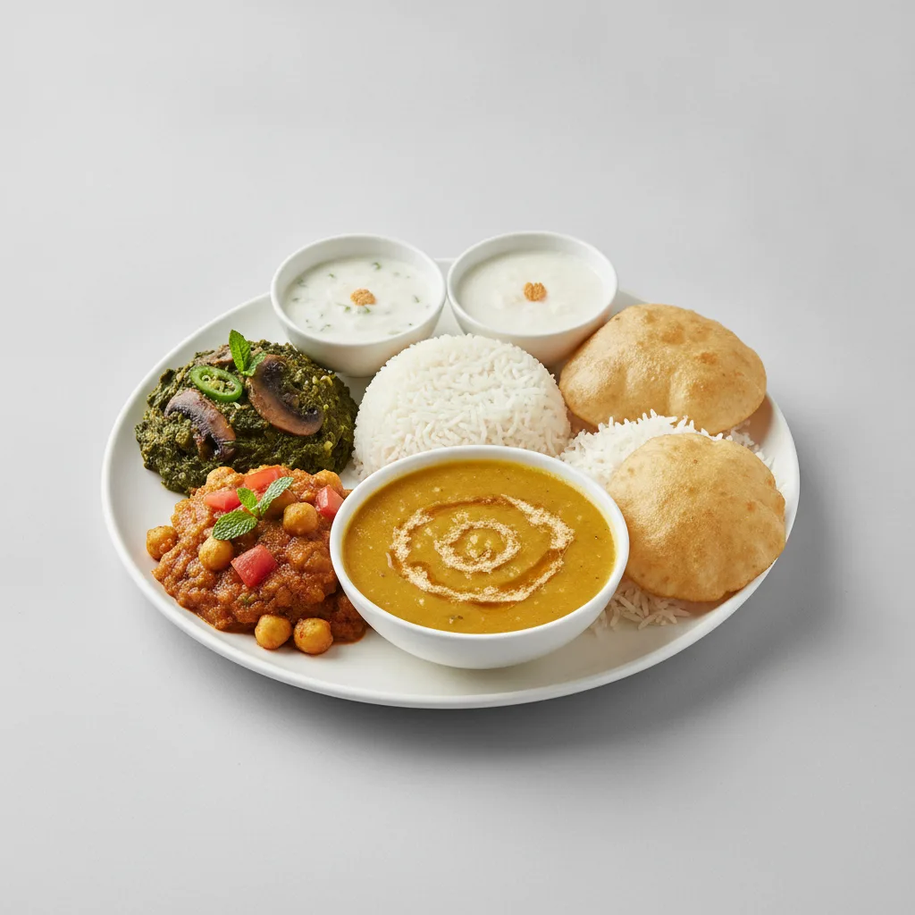Vegetable Thali - Mushrooms Saag, Chana Masala, Tarka Dal Vegetable Thali - Mushrooms Saag, Chana Masala, Tarka Dal
