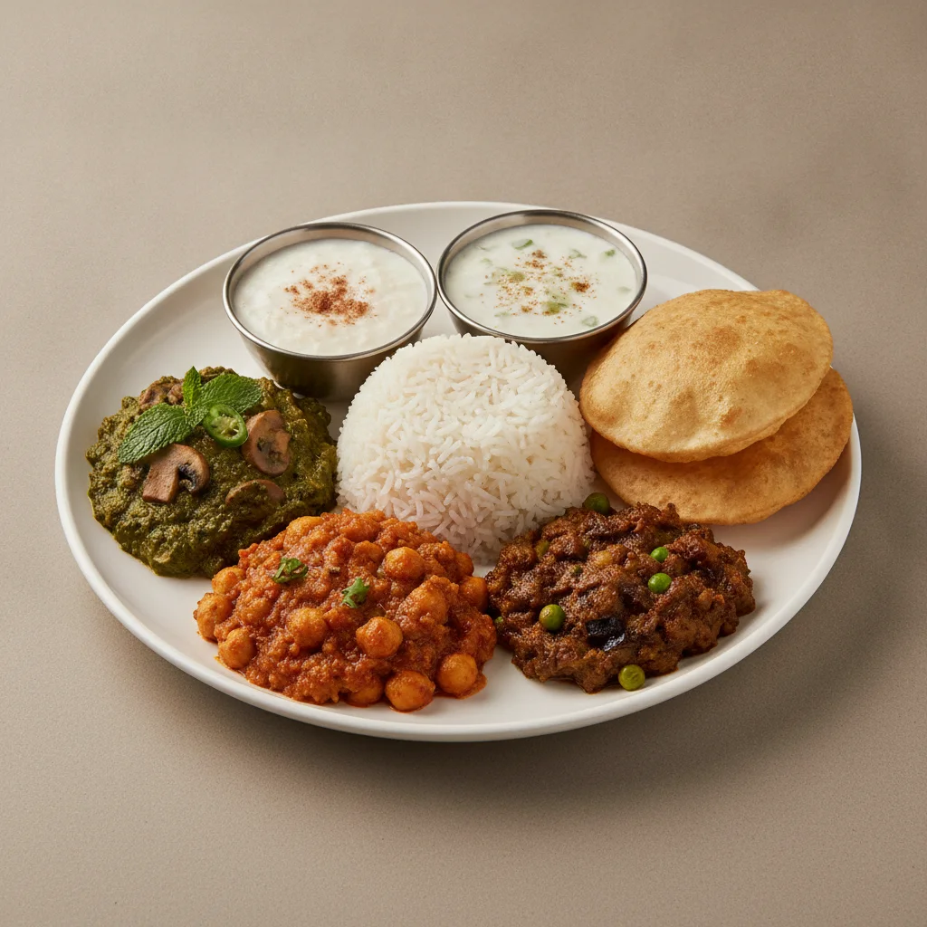 Vegetable Thali - Mushrooms Saag, Chana Masala, Baingan Bharta (Eggplant) Vegetable Thali - Mushrooms Saag, Chana Masala, Baingan Bharta (Eggplant)