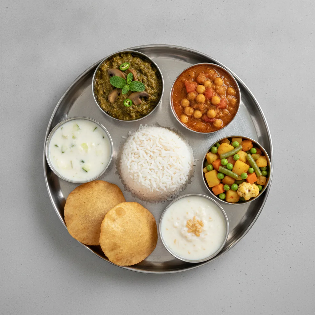 Vegetable Thali - Mushrooms Saag, Chana Masala, Mixed Vegetable Vegetable Thali - Mushrooms Saag, Chana Masala, Mixed Vegetable