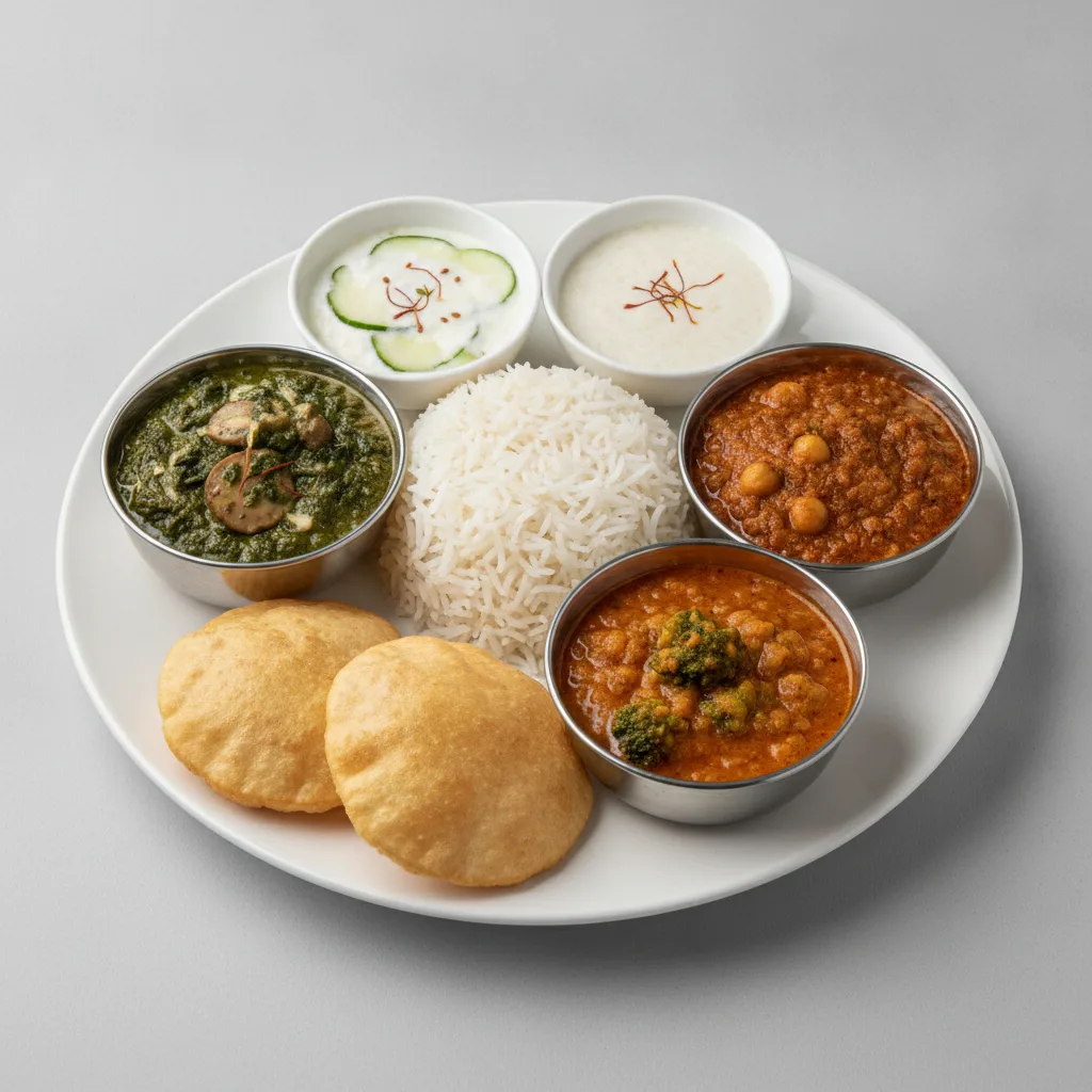 Vegetable Thali - Mushrooms Saag, Chana Masala, Dal Broccoli Vegetable Thali - Mushrooms Saag, Chana Masala, Dal Broccoli