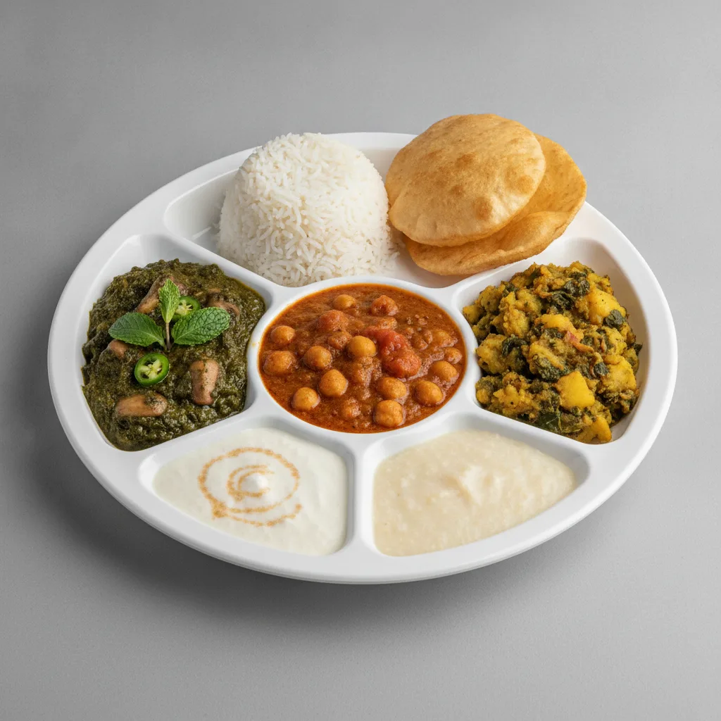 Vegetable Thali - Mushrooms Saag, Chana Masala, Saag Aloo Vegetable Thali - Mushrooms Saag, Chana Masala, Saag Aloo