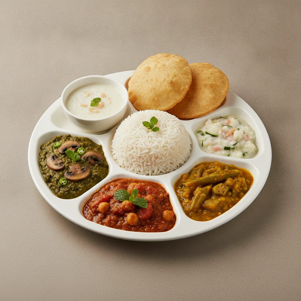 Vegetable Thali - Mushrooms Saag, Chana Masala, Dal with Okra Vegetable Thali - Mushrooms Saag, Chana Masala, Dal with Okra