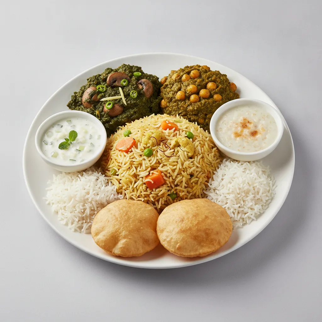 Vegetable Thali - Mushrooms Saag, Chana Saag, Vegetable Biryani Vegetable Thali - Mushrooms Saag, Chana Saag, Vegetable Biryani