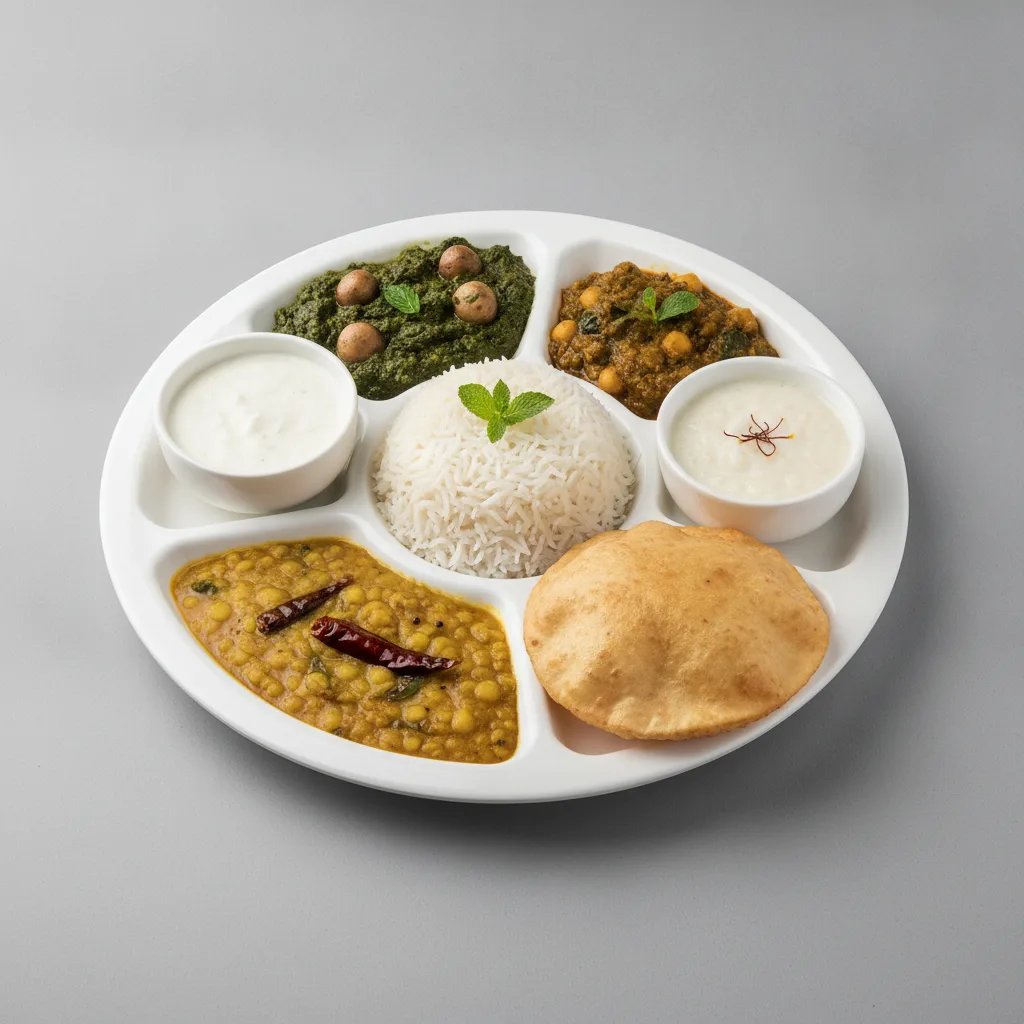 Vegetable Thali - Mushrooms Saag, Chana Saag, Tarka Dal Vegetable Thali - Mushrooms Saag, Chana Saag, Tarka Dal