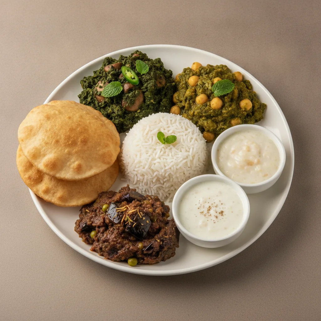 Vegetable Thali - Mushrooms Saag, Chana Saag, Baingan Bharta (Eggplant) Vegetable Thali - Mushrooms Saag, Chana Saag, Baingan Bharta (Eggplant)