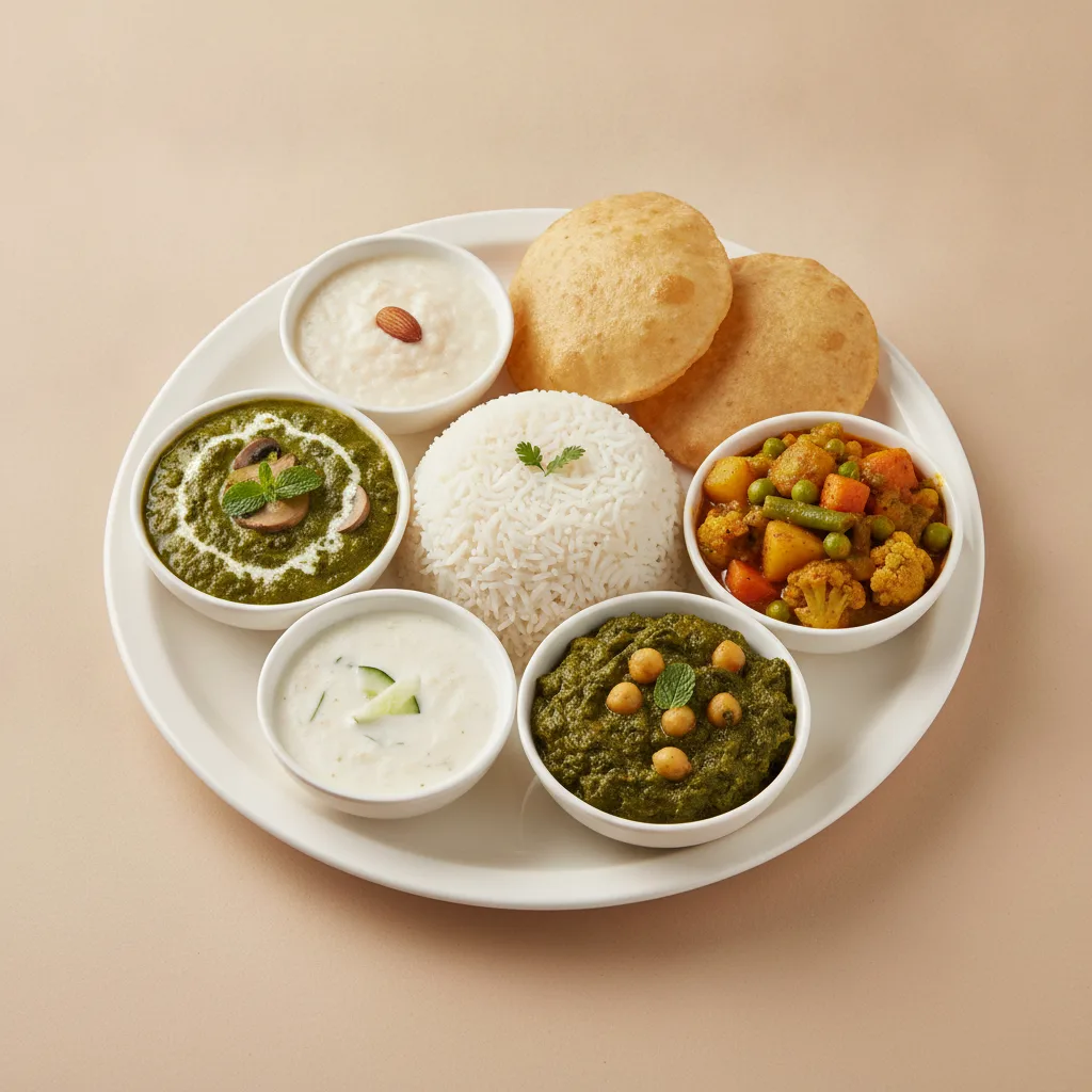 Vegetable Thali - Mushrooms Saag, Chana Saag, Mixed Vegetable Vegetable Thali - Mushrooms Saag, Chana Saag, Mixed Vegetable