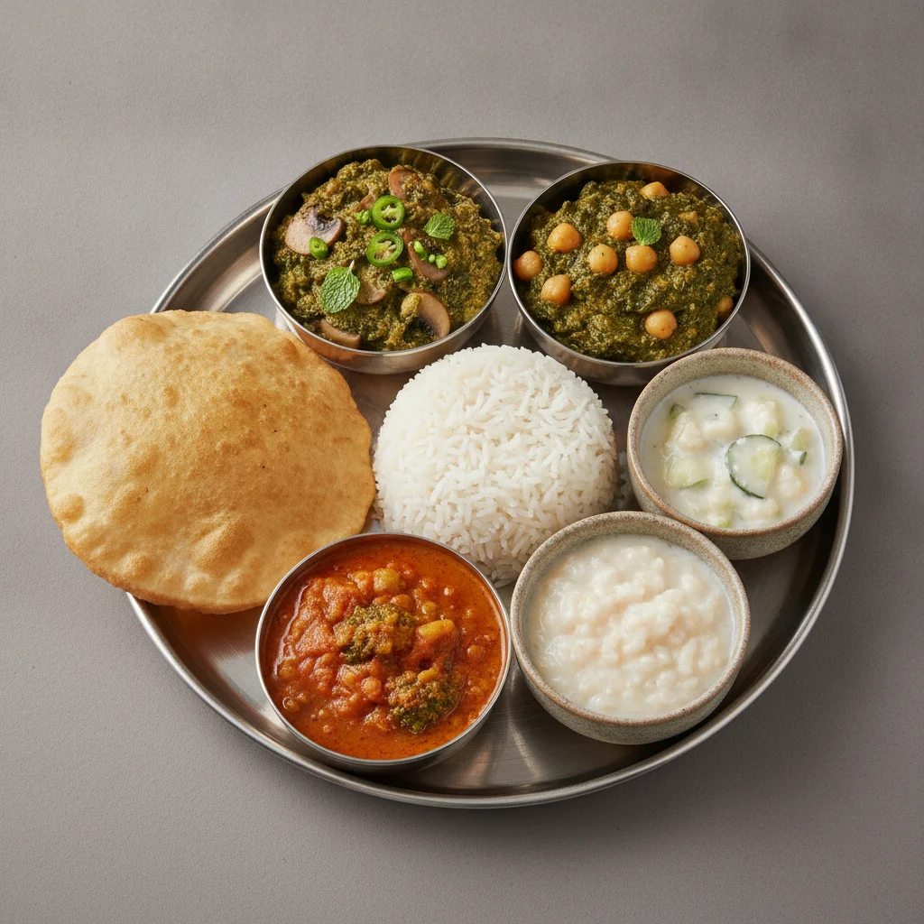 Vegetable Thali - Mushrooms Saag, Chana Saag, Dal Broccoli Vegetable Thali - Mushrooms Saag, Chana Saag, Dal Broccoli