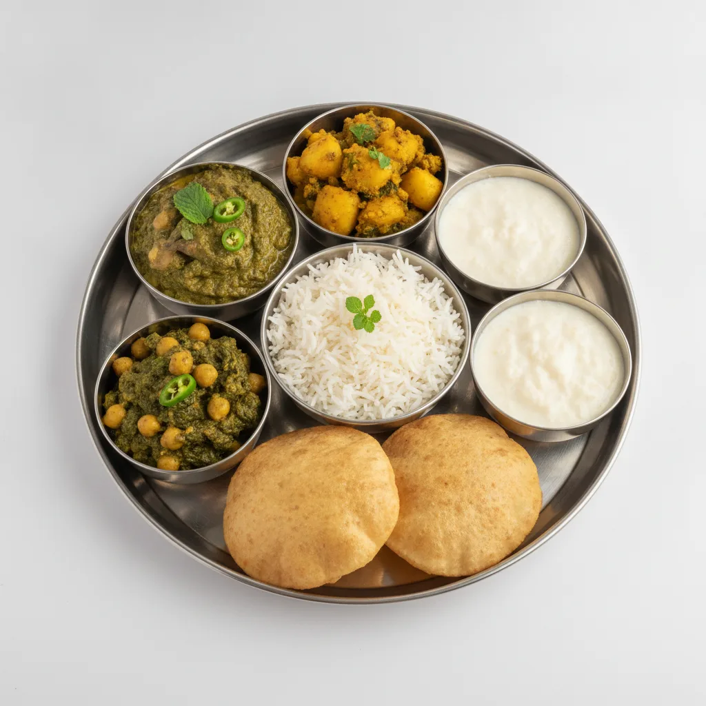 Vegetable Thali - Mushrooms Saag, Chana Saag, Saag Aloo Vegetable Thali - Mushrooms Saag, Chana Saag, Saag Aloo