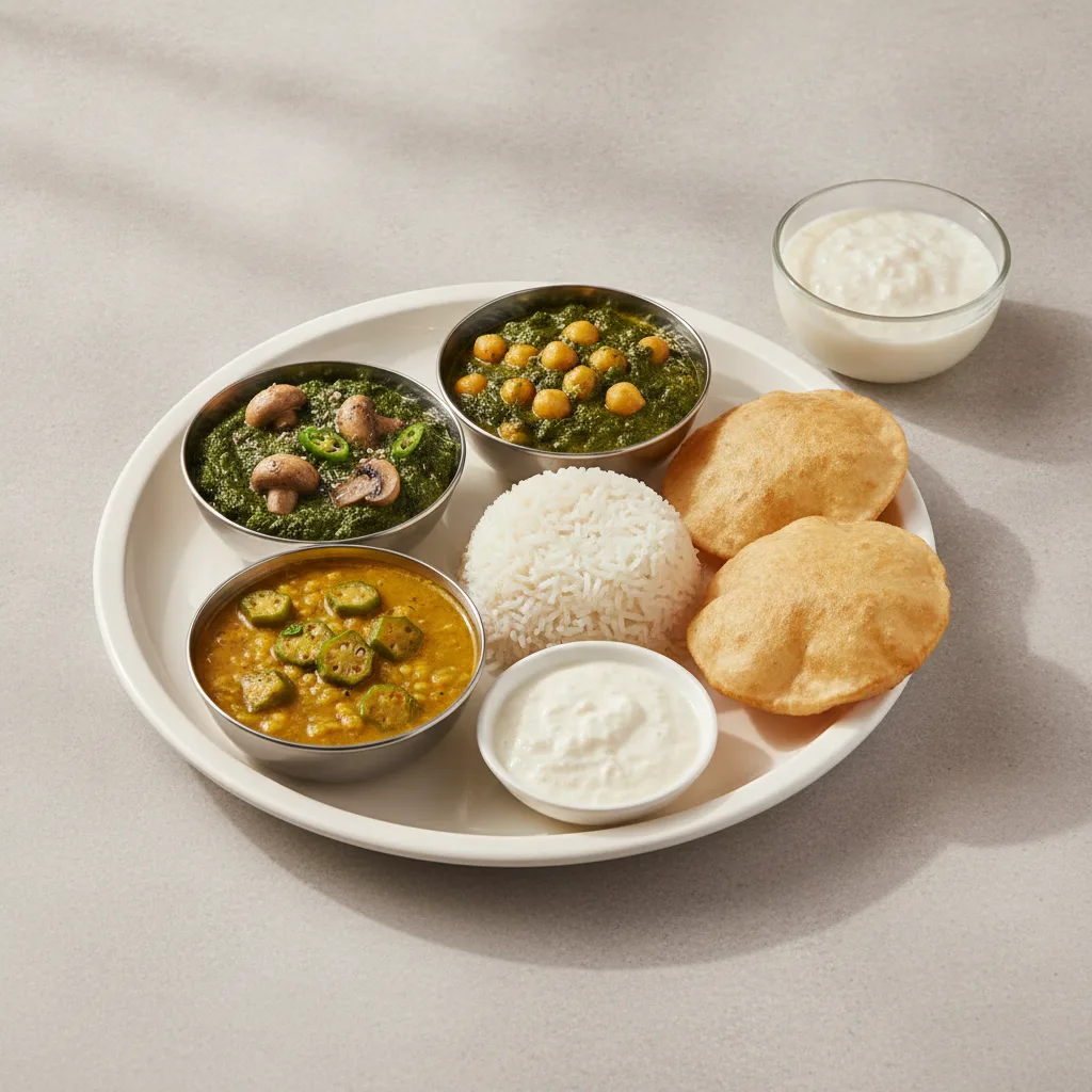 Vegetable Thali - Mushrooms Saag, Chana Saag, Dal with Okra Vegetable Thali - Mushrooms Saag, Chana Saag, Dal with Okra