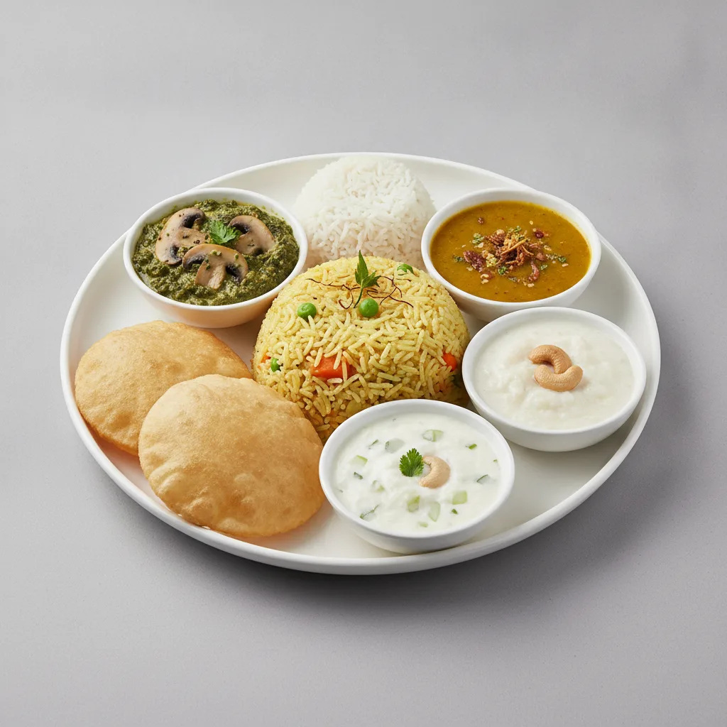 Vegetable Thali - Mushrooms Saag, Vegetable Biryani, Tarka Dal Vegetable Thali - Mushrooms Saag, Vegetable Biryani, Tarka Dal