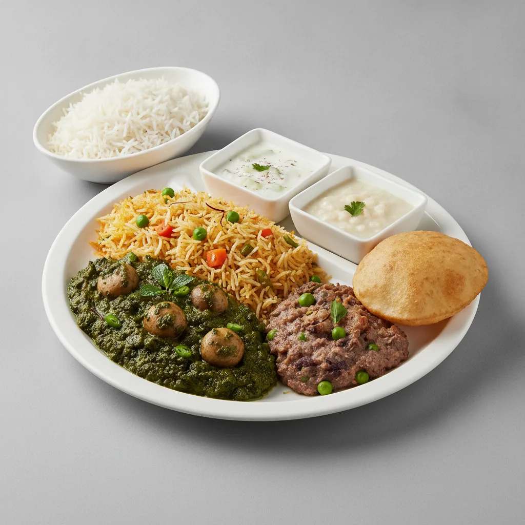 Vegetable Thali - Mushrooms Saag, Vegetable Biryani, Baingan Bharta (Eggplant) Vegetable Thali - Mushrooms Saag, Vegetable Biryani, Baingan Bharta (Eggplant)