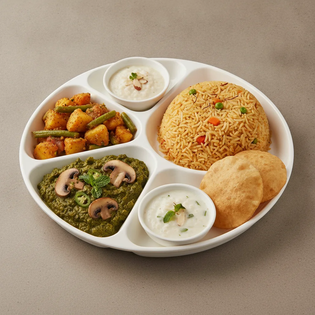 Vegetable Thali - Mushrooms Saag, Vegetable Biryani, Mixed Vegetable Vegetable Thali - Mushrooms Saag, Vegetable Biryani, Mixed Vegetable