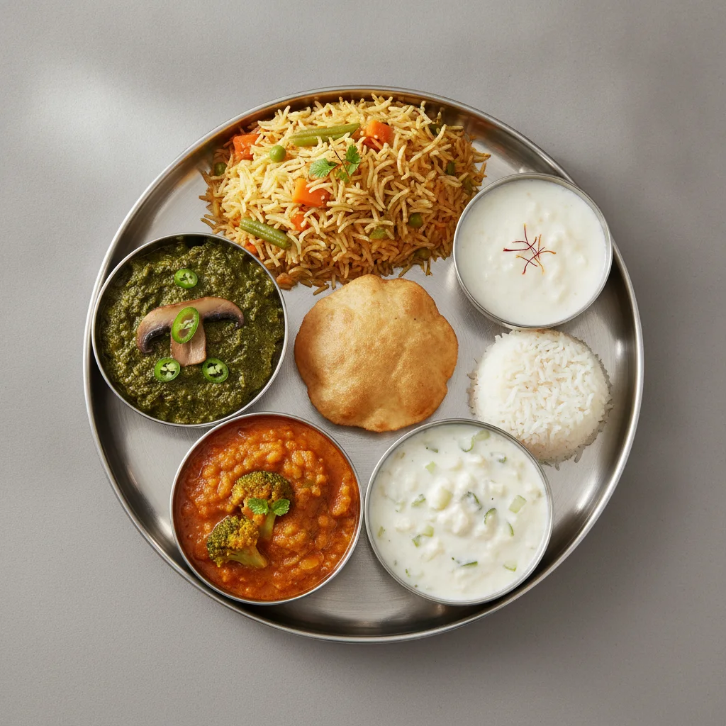 Vegetable Thali - Mushrooms Saag, Vegetable Biryani, Dal Broccoli Vegetable Thali - Mushrooms Saag, Vegetable Biryani, Dal Broccoli