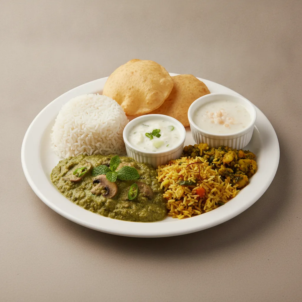 Vegetable Thali - Mushrooms Saag, Vegetable Biryani, Saag Aloo Vegetable Thali - Mushrooms Saag, Vegetable Biryani, Saag Aloo