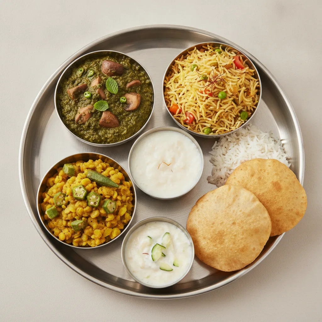 Vegetable Thali - Mushrooms Saag, Vegetable Biryani, Dal with Okra Vegetable Thali - Mushrooms Saag, Vegetable Biryani, Dal with Okra