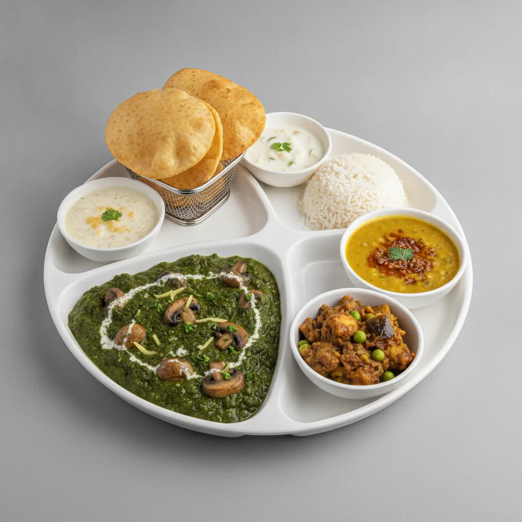 Vegetable Thali - Mushrooms Saag, Tarka Dal, Baingan Bharta (Eggplant) Vegetable Thali - Mushrooms Saag, Tarka Dal, Baingan Bharta (Eggplant)