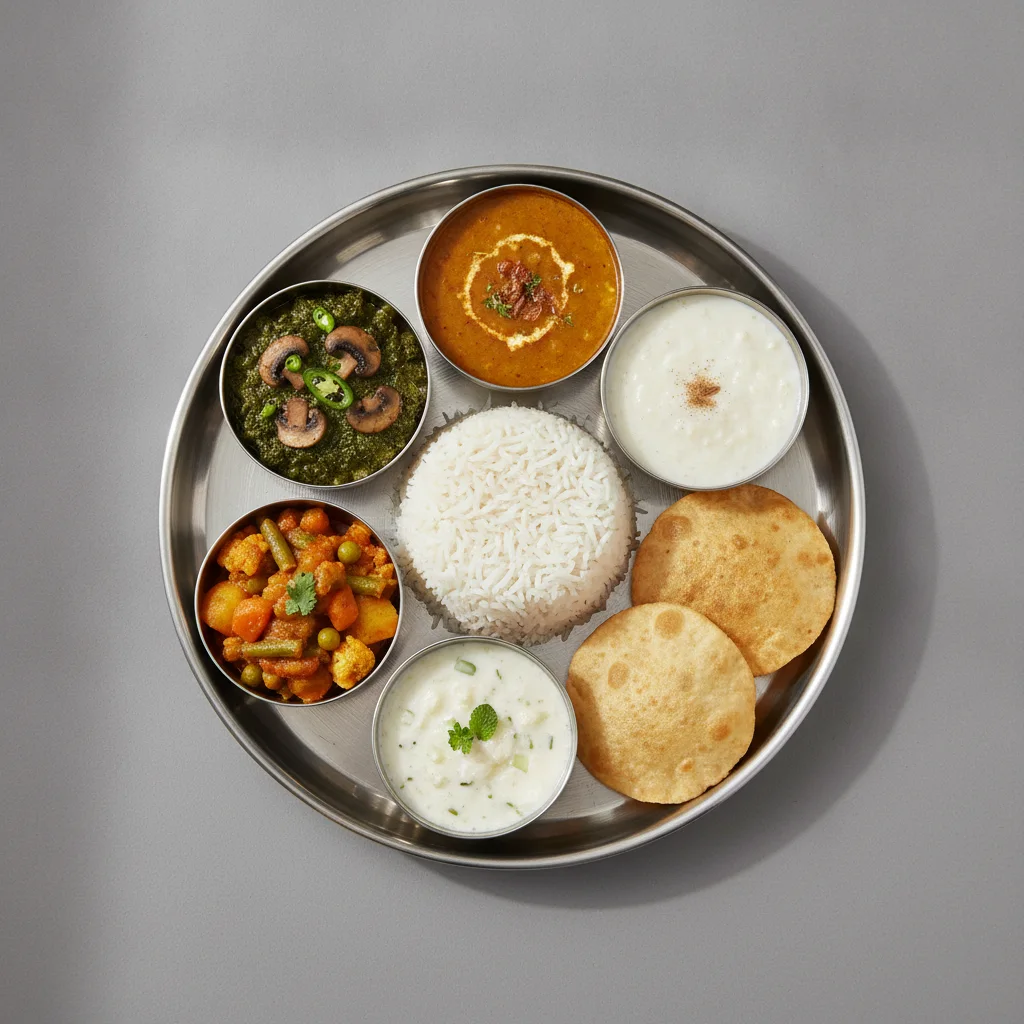Vegetable Thali - Mushrooms Saag, Tarka Dal, Mixed Vegetable Vegetable Thali - Mushrooms Saag, Tarka Dal, Mixed Vegetable