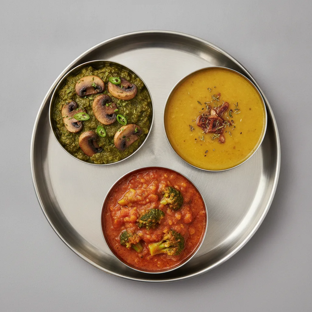 Vegetable Thali - Mushrooms Saag, Tarka Dal, Dal Broccoli Vegetable Thali - Mushrooms Saag, Tarka Dal, Dal Broccoli