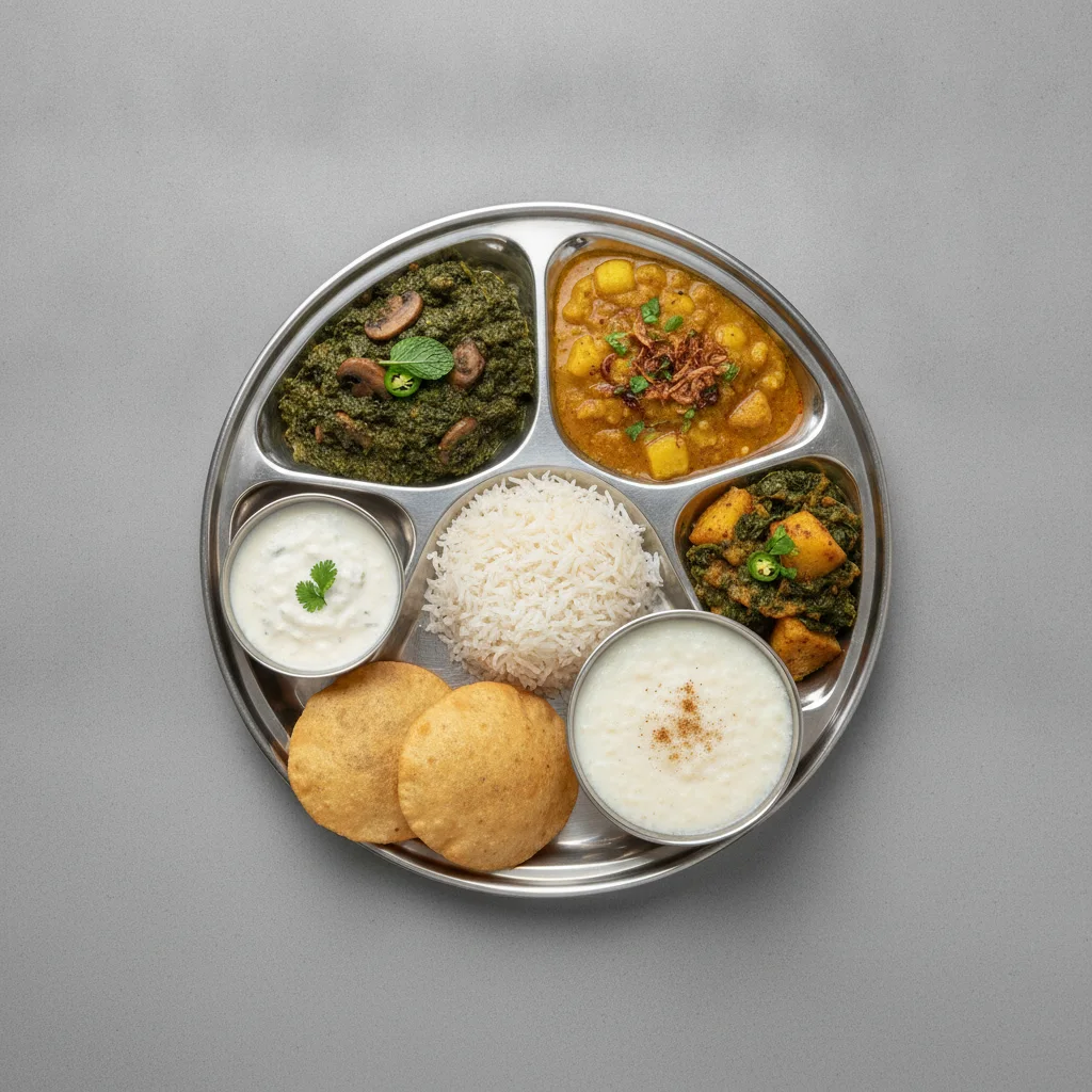 Vegetable Thali - Mushrooms Saag, Tarka Dal, Saag Aloo Vegetable Thali - Mushrooms Saag, Tarka Dal, Saag Aloo