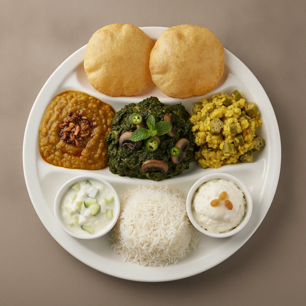 Vegetable Thali - Mushrooms Saag, Tarka Dal, Dal with Okra Vegetable Thali - Mushrooms Saag, Tarka Dal, Dal with Okra