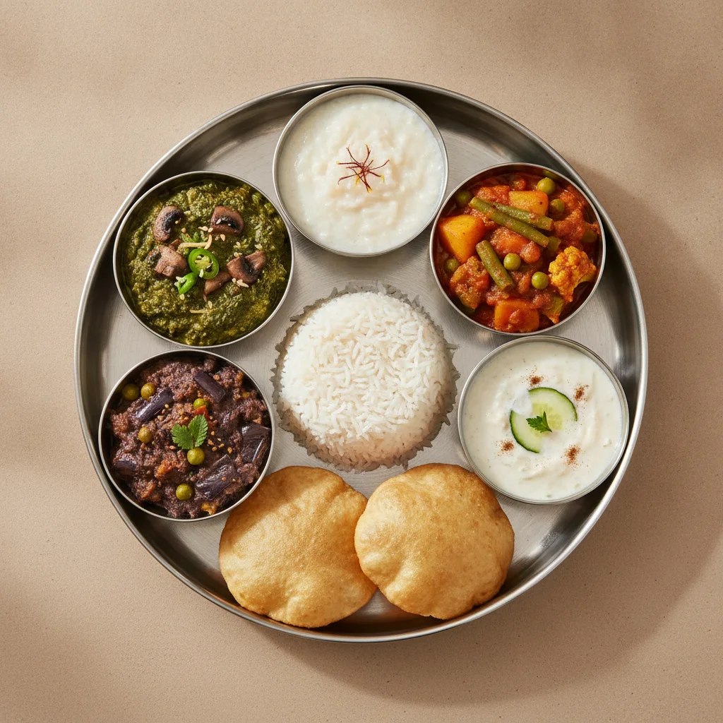 Vegetable Thali - Mushrooms Saag, Baingan Bharta (Eggplant), Mixed Vegetable Vegetable Thali - Mushrooms Saag, Baingan Bharta (Eggplant), Mixed Vegetable