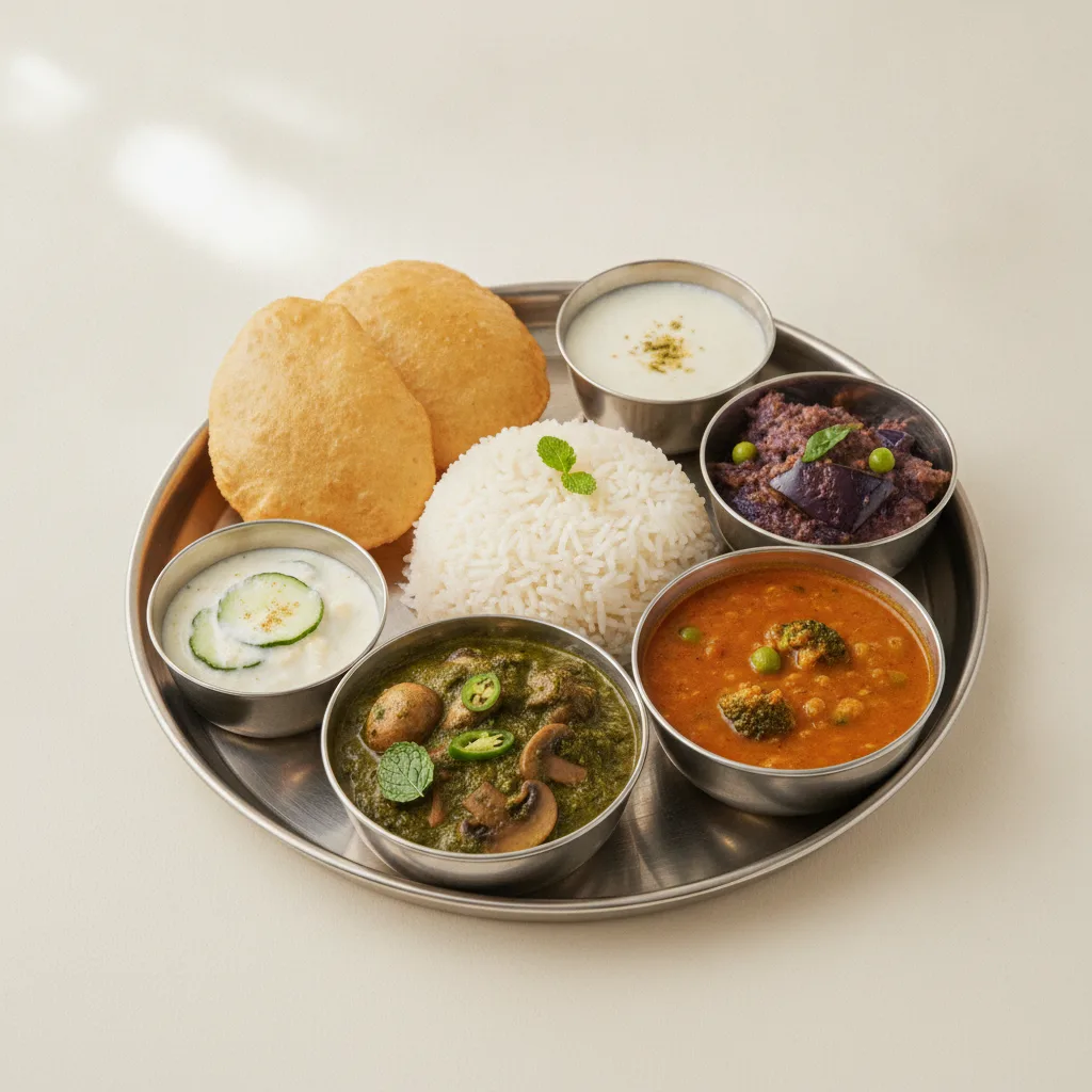 Vegetable Thali - Mushrooms Saag, Baingan Bharta (Eggplant), Dal Broccoli Vegetable Thali - Mushrooms Saag, Baingan Bharta (Eggplant), Dal Broccoli