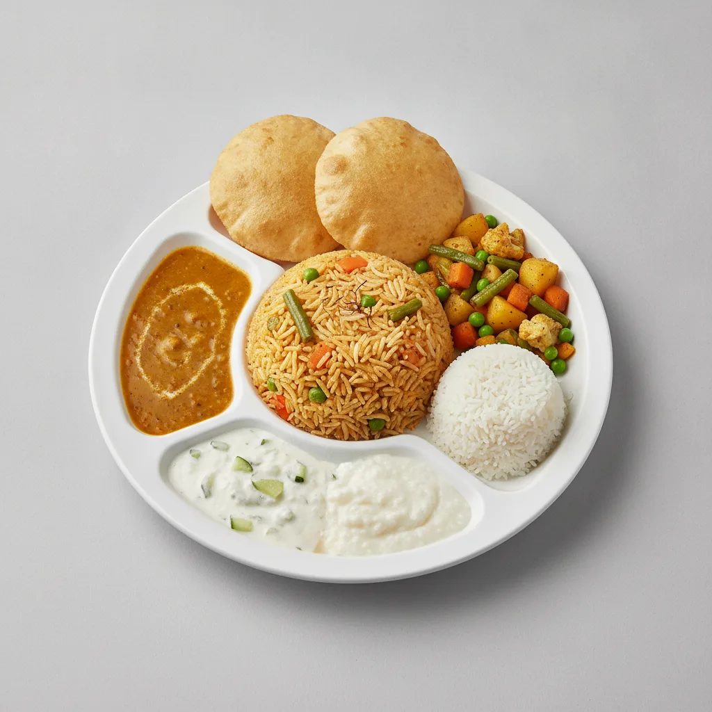 Vegetable Thali - Vegetable Biryani, Tarka Dal, Mixed Vegetable Vegetable Thali - Vegetable Biryani, Tarka Dal, Mixed Vegetable