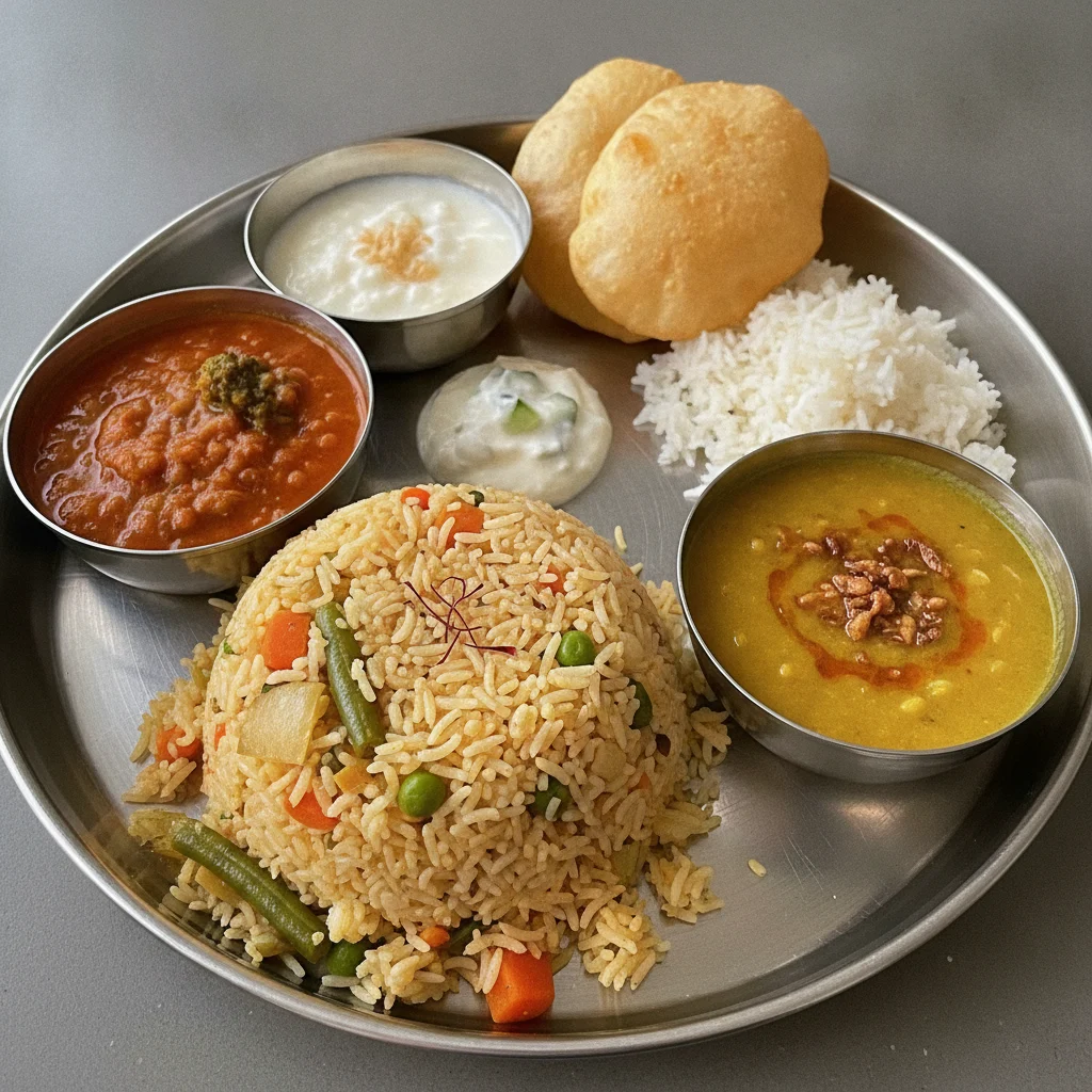 Vegetable Thali - Vegetable Biryani, Tarka Dal, Dal Broccoli Vegetable Thali - Vegetable Biryani, Tarka Dal, Dal Broccoli