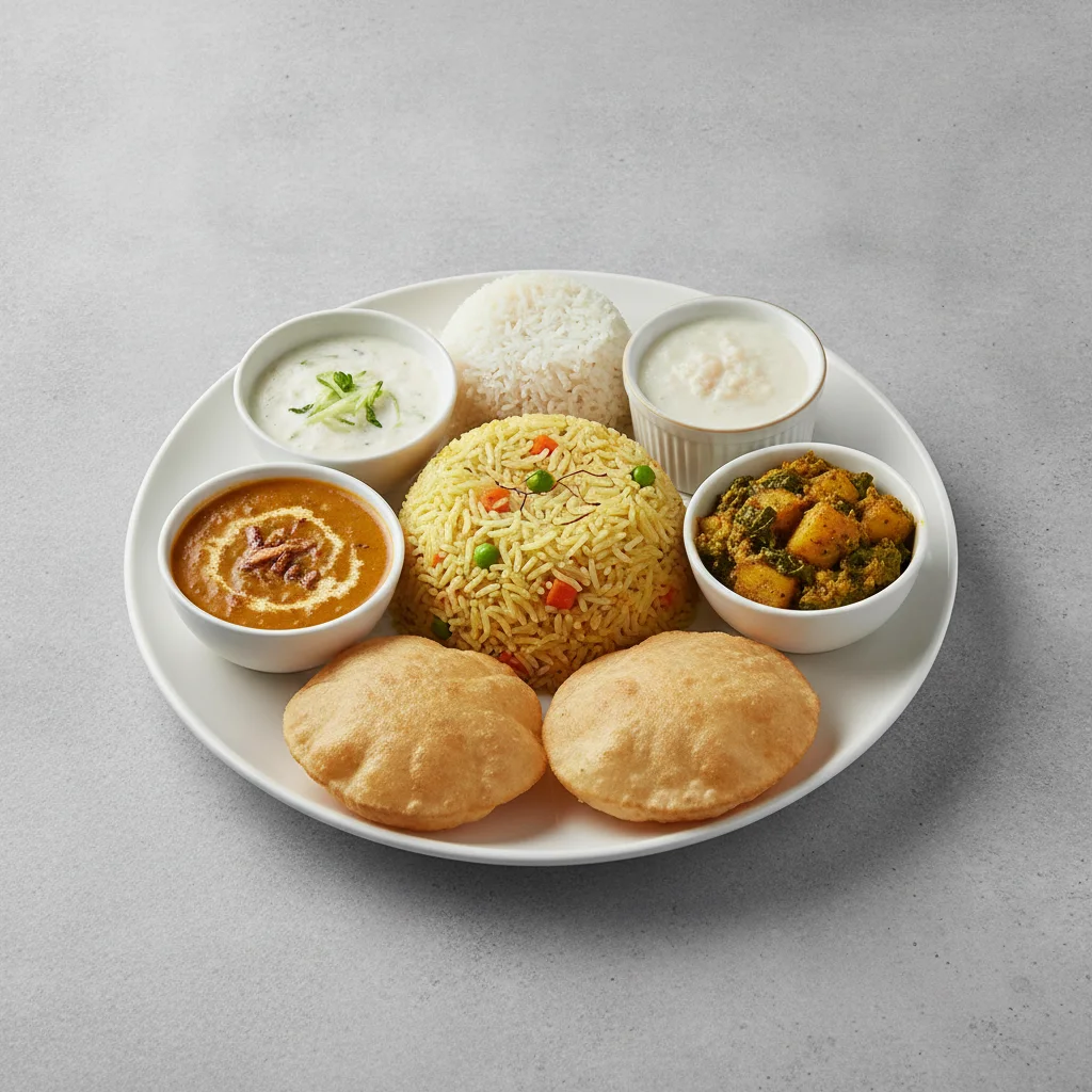 Vegetable Thali - Vegetable Biryani, Tarka Dal, Saag Aloo Vegetable Thali - Vegetable Biryani, Tarka Dal, Saag Aloo