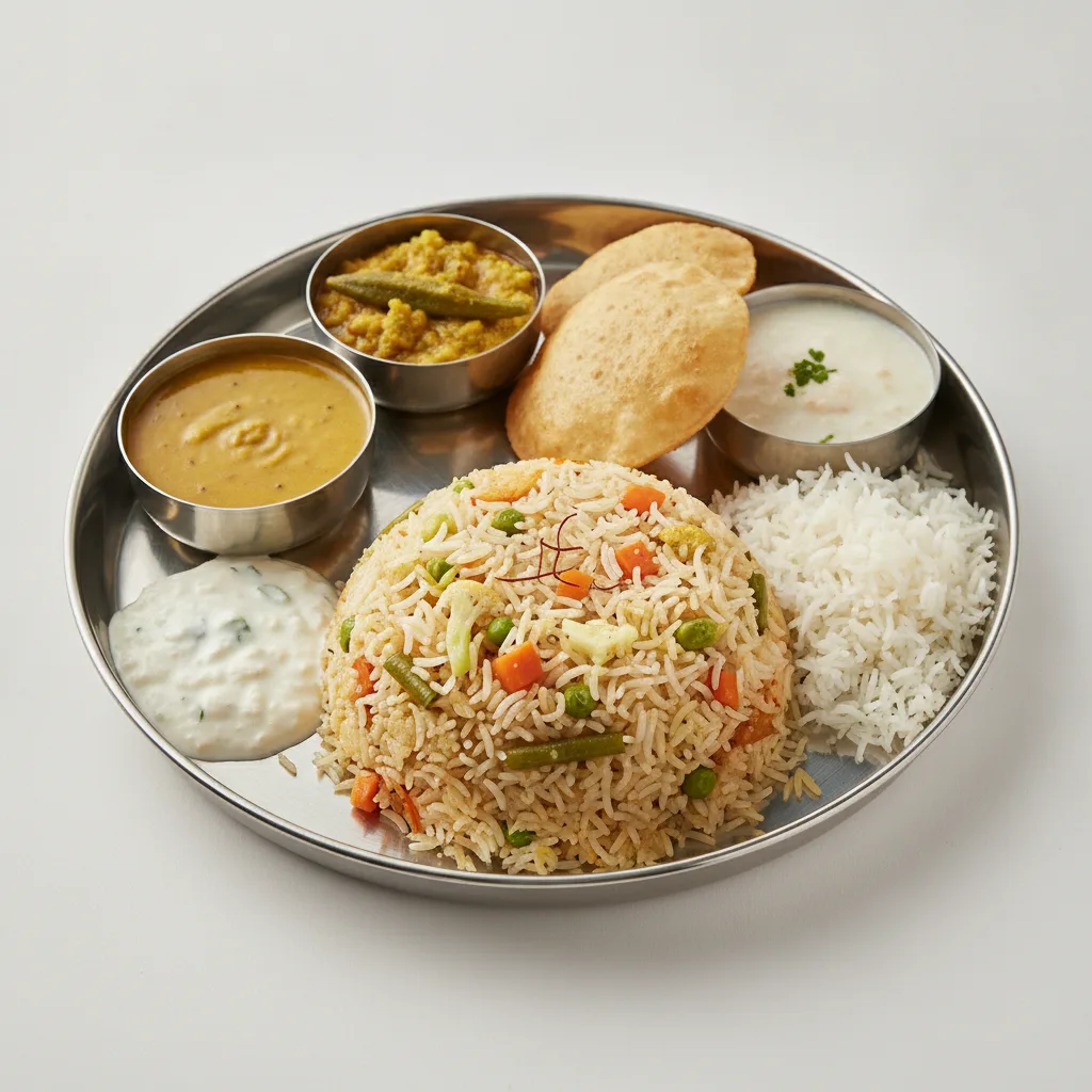 Vegetable Thali - Vegetable Biryani, Tarka Dal, Dal with Okra Vegetable Thali - Vegetable Biryani, Tarka Dal, Dal with Okra