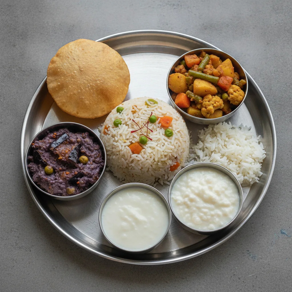 Vegetable Thali - Vegetable Biryani, Baingan Bharta (Eggplant), Mixed Vegetable Vegetable Thali - Vegetable Biryani, Baingan Bharta (Eggplant), Mixed Vegetable
