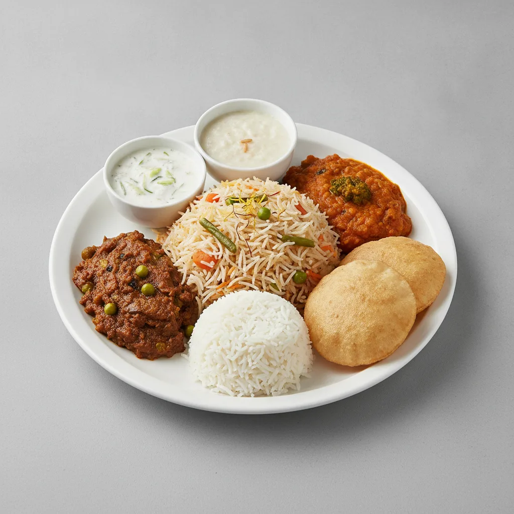 Vegetable Thali - Vegetable Biryani, Baingan Bharta (Eggplant), Dal Broccoli Vegetable Thali - Vegetable Biryani, Baingan Bharta (Eggplant), Dal Broccoli