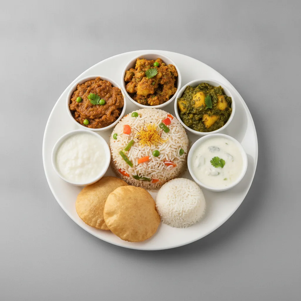 Vegetable Thali - Vegetable Biryani, Baingan Bharta (Eggplant), Saag Aloo Vegetable Thali - Vegetable Biryani, Baingan Bharta (Eggplant), Saag Aloo