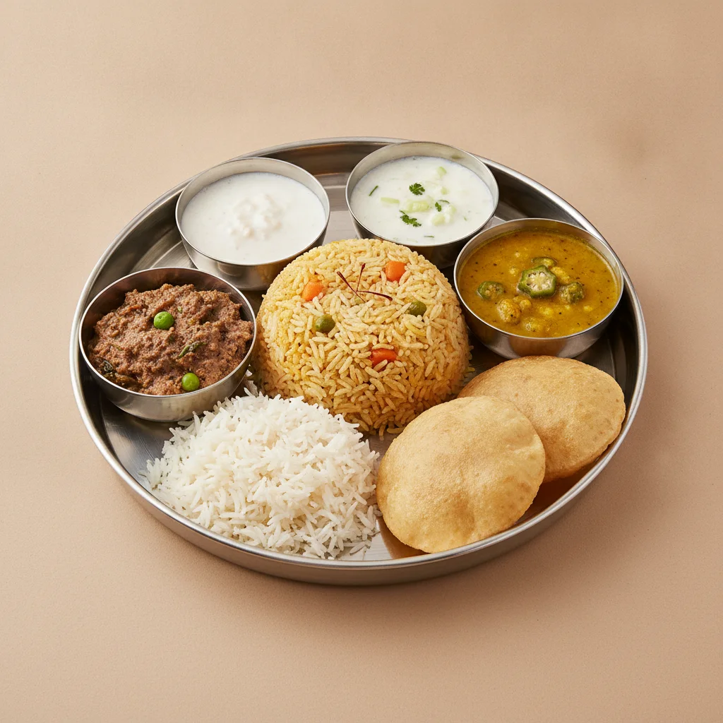 Vegetable Thali - Vegetable Biryani, Baingan Bharta (Eggplant), Dal with Okra Vegetable Thali - Vegetable Biryani, Baingan Bharta (Eggplant), Dal with Okra