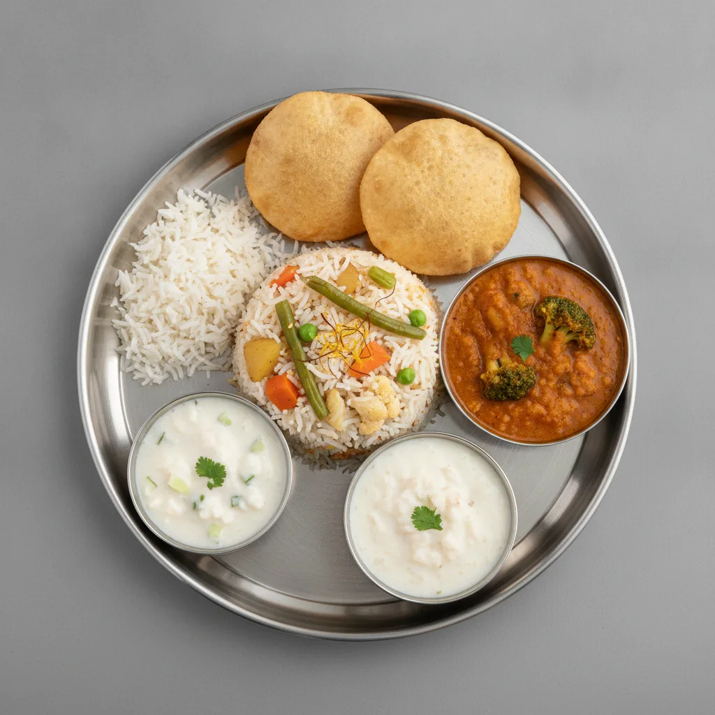Vegetable Thali - Vegetable Biryani, Mixed Vegetable, Dal Broccoli Vegetable Thali - Vegetable Biryani, Mixed Vegetable, Dal Broccoli