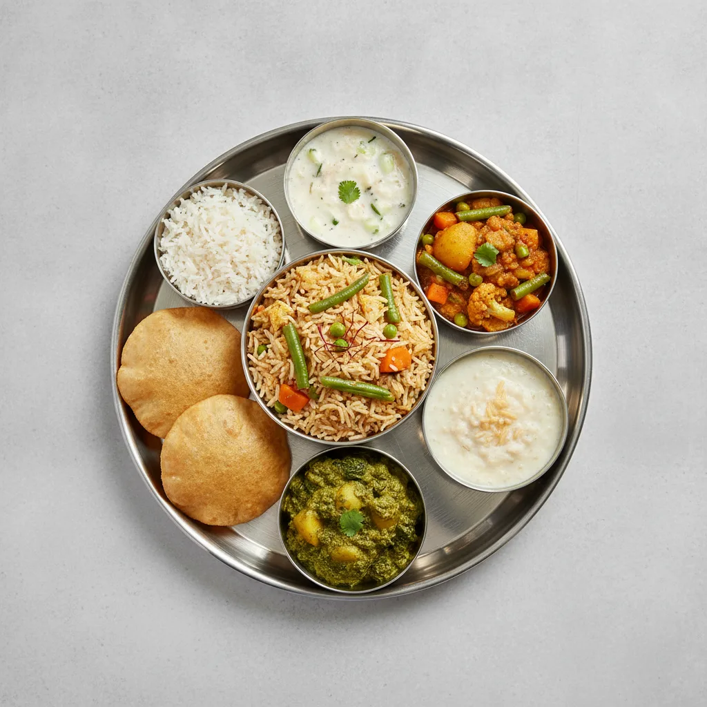 Vegetable Thali - Vegetable Biryani, Mixed Vegetable, Saag Aloo Vegetable Thali - Vegetable Biryani, Mixed Vegetable, Saag Aloo