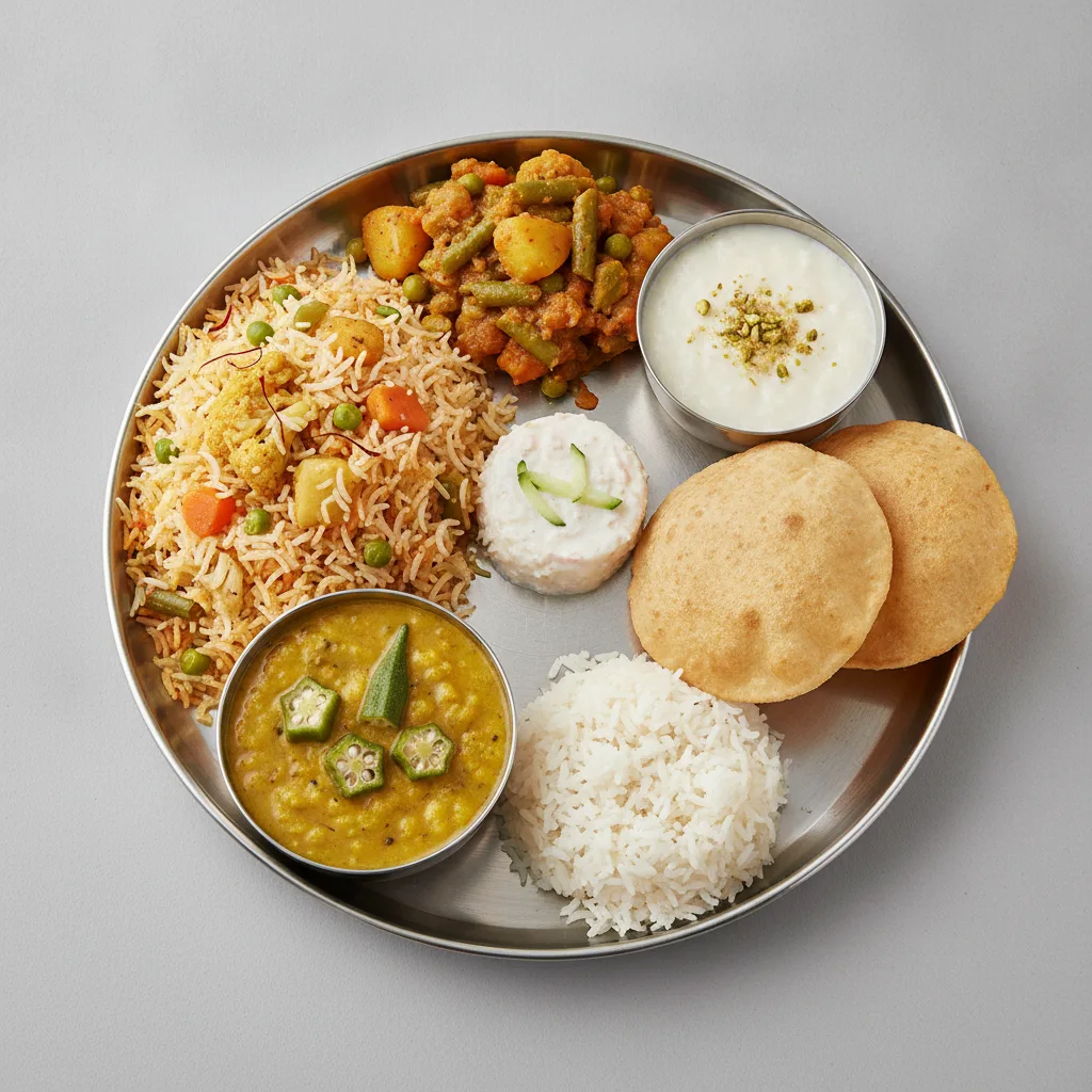 Vegetable Thali - Vegetable Biryani, Mixed Vegetable, Dal with Okra Vegetable Thali - Vegetable Biryani, Mixed Vegetable, Dal with Okra