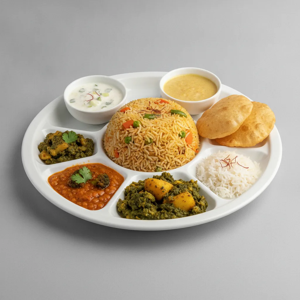 Vegetable Thali - Vegetable Biryani, Dal Broccoli, Saag Aloo Vegetable Thali - Vegetable Biryani, Dal Broccoli, Saag Aloo