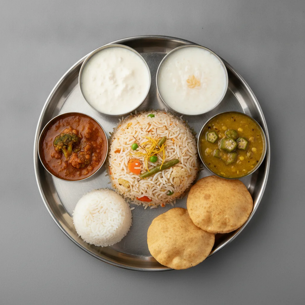 Vegetable Thali - Vegetable Biryani, Dal Broccoli, Dal with Okra Vegetable Thali - Vegetable Biryani, Dal Broccoli, Dal with Okra