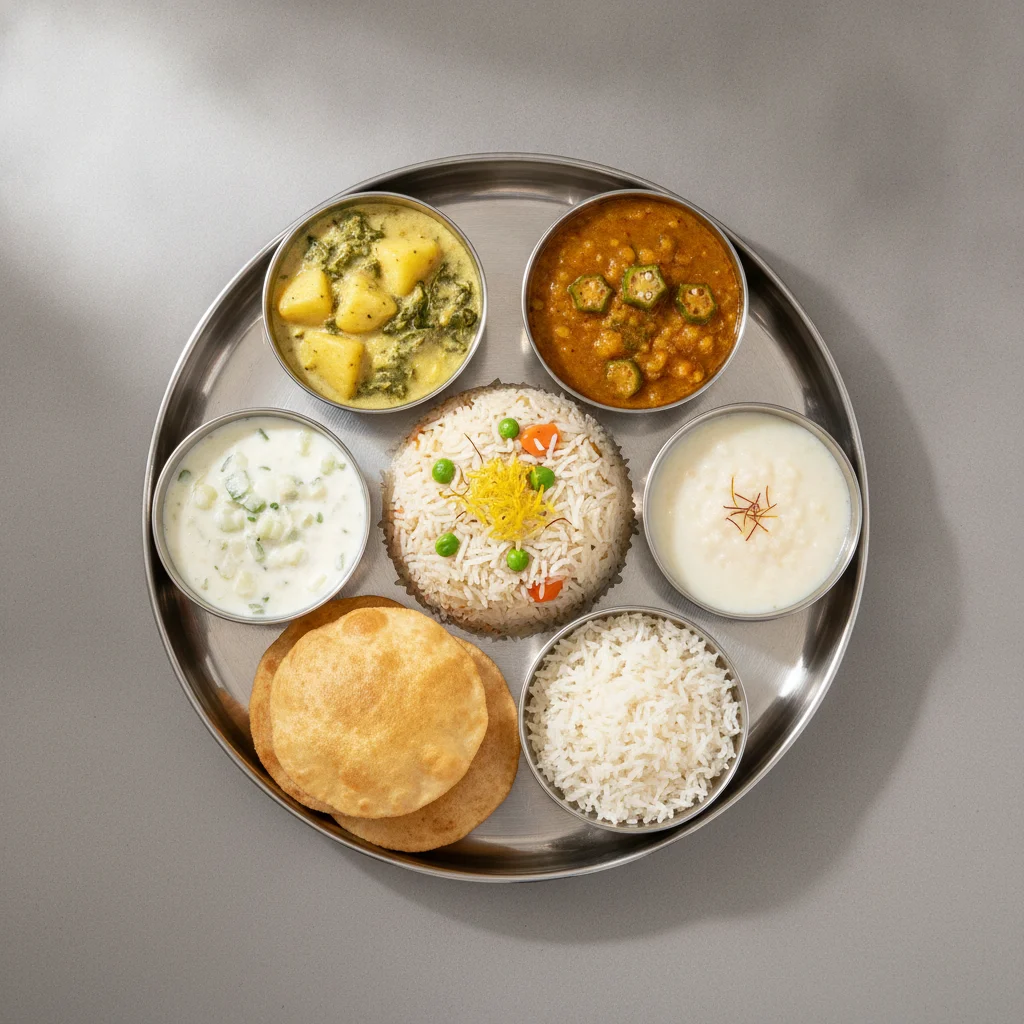 Vegetable Thali - Vegetable Biryani, Saag Aloo, Dal with Okra Vegetable Thali - Vegetable Biryani, Saag Aloo, Dal with Okra