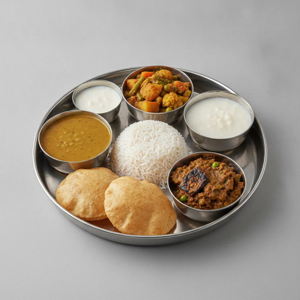 Vegetable Thali - Tarka Dal, Baingan Bharta (Eggplant), Mixed Vegetable Vegetable Thali - Tarka Dal, Baingan Bharta (Eggplant), Mixed Vegetable