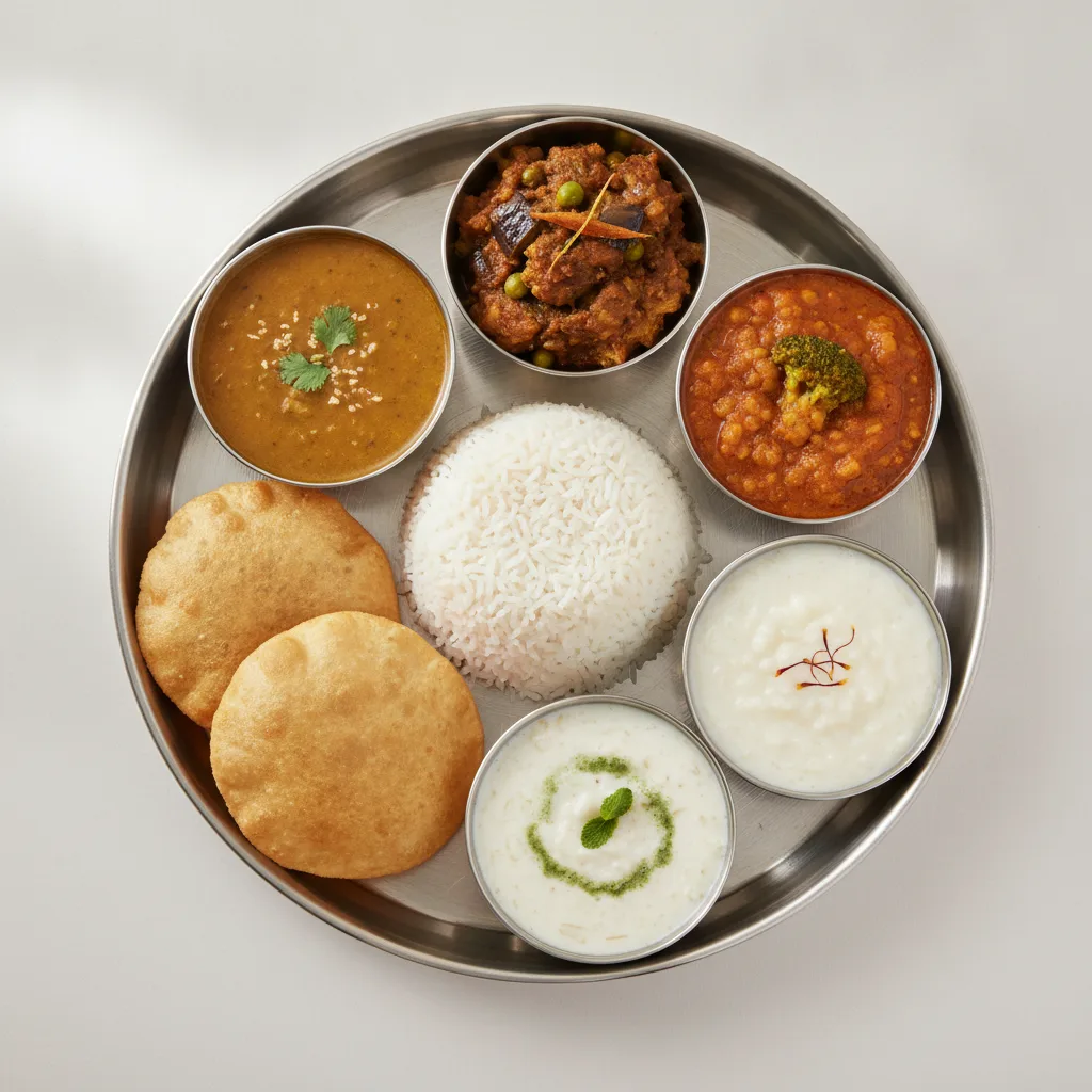 Vegetable Thali - Tarka Dal, Baingan Bharta (Eggplant), Dal Broccoli Vegetable Thali - Tarka Dal, Baingan Bharta (Eggplant), Dal Broccoli